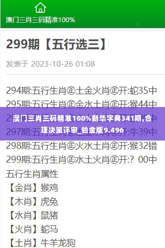 澳门三肖三码精准100%新华字典341期,合理决策评审_铂金版9.496