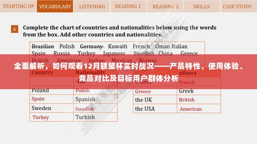 如何观看联盟杯实时战况,产品特性、体验、竞品对比与目标用户群体深度解析