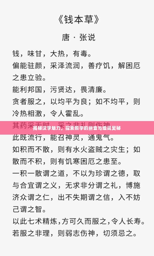 揭秘汉字魅力,探索照字的拼音与组词奥秘