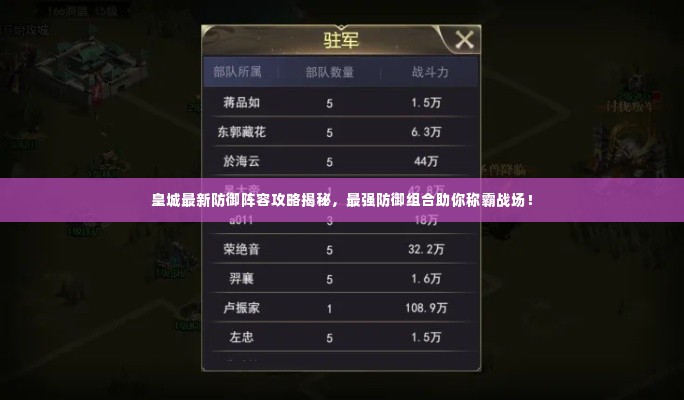 皇城最新防御阵容攻略揭秘,最强防御组合助你称霸战场!